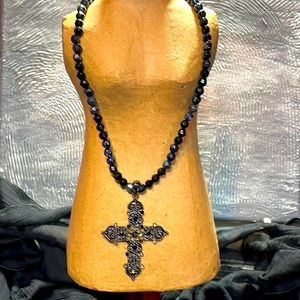 Beautiful black beaded necklace with cross